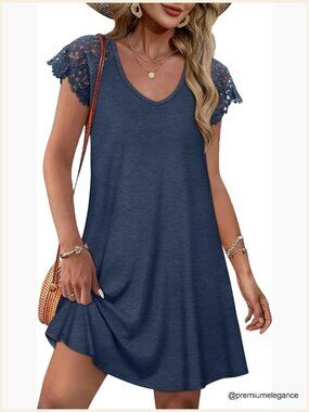 Women's Lace Short Sleeve V-Neck Casual Mini Dress Summer Beach Wedding Guest